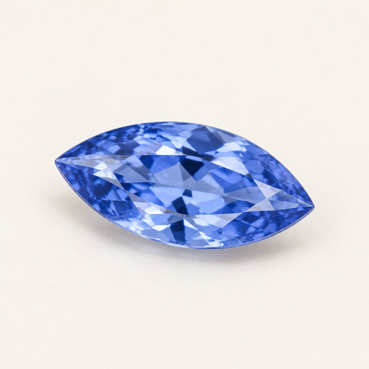 Cornflower blue lab-grown sapphire, marquise cut, 45° view