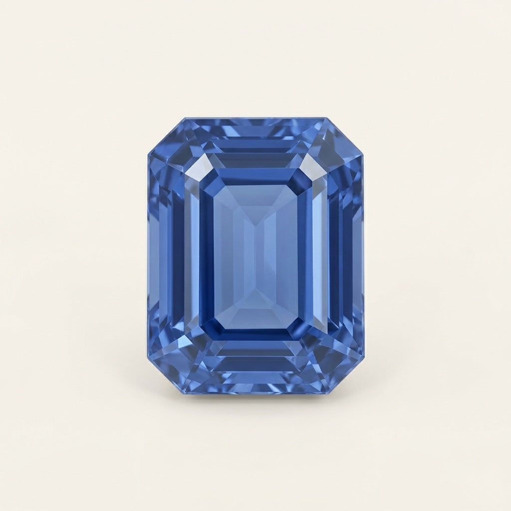 Cornflower blue lab-grown sapphire, emerald cut