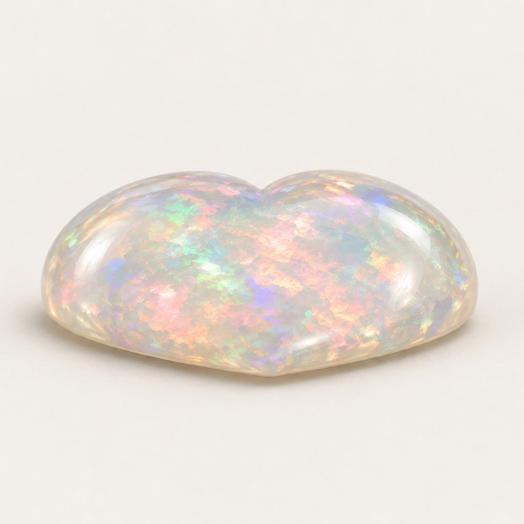 Crystal lab-grown opal, heart cabochon, side view