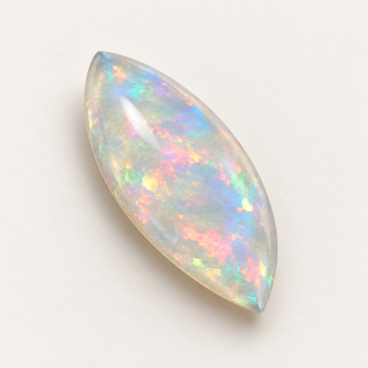 Crystal lab-grown opal, marquise cabochon, 45° view