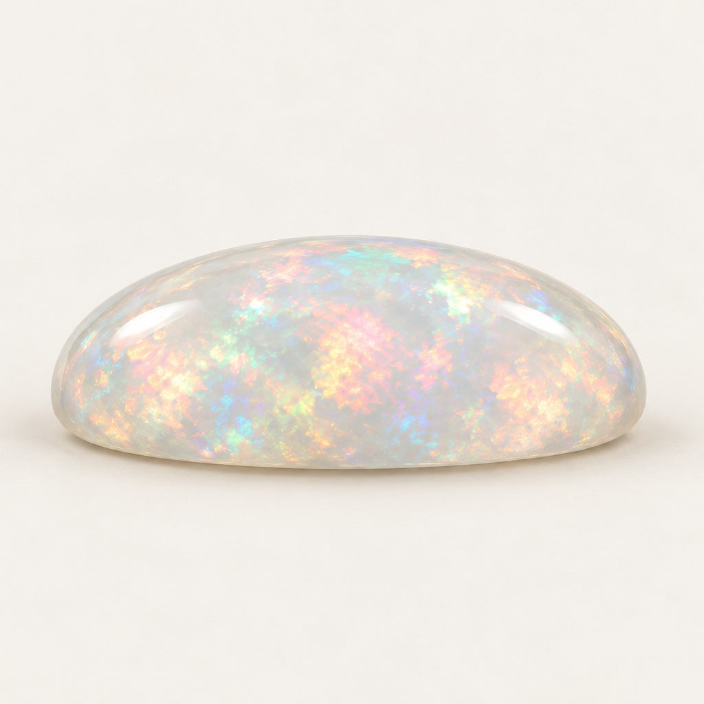 Crystal lab-grown opal, oval cabochon, side view
