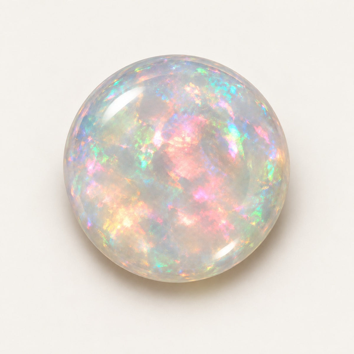Crystal lab-grown opal, round cabochon, 45° view