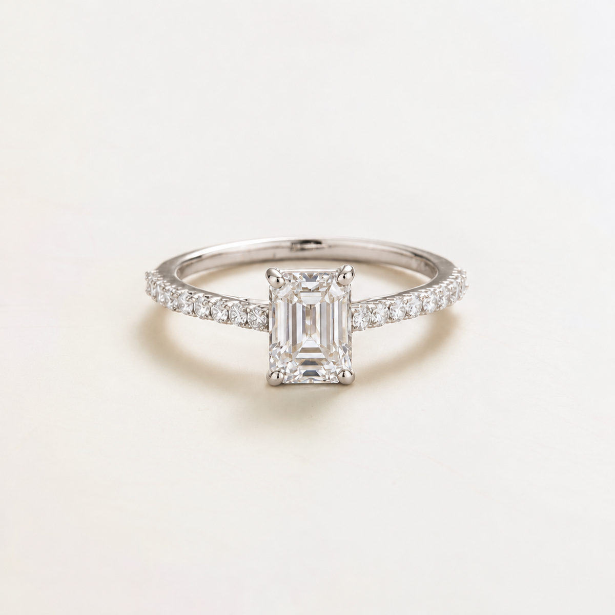 Chelle Emerald-Cut Diamond Solitaire Pavé Ring in White Gold | Juvetti
