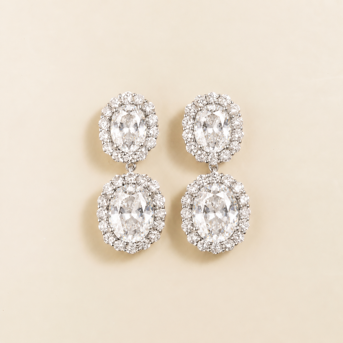 Salve Oval Diamond Halo Drop Earrings in White Gold | Juvetti