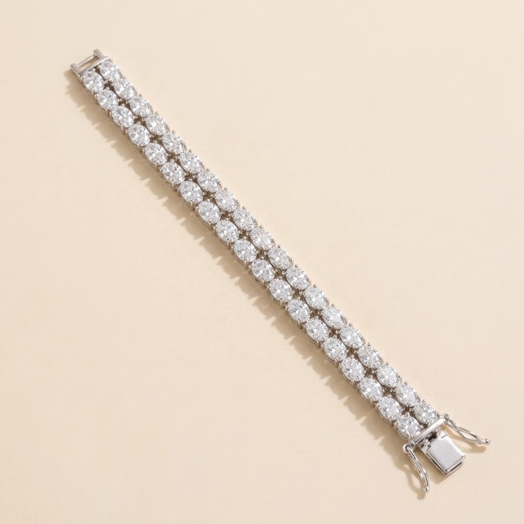 Salto double row oval diamond tennis bracelet in white gold, angle view