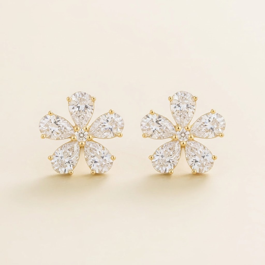 Florea diamond flower stud earrings in gold, angle view
