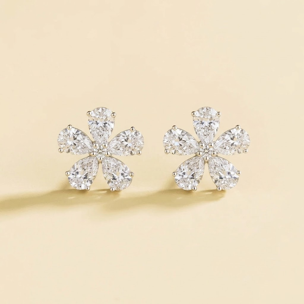 Florea diamond flower stud earrings in white gold, angle view