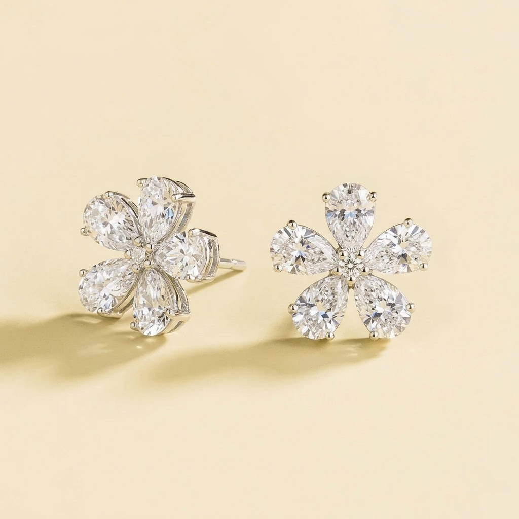 Florea diamond flower stud earrings in white gold, front view