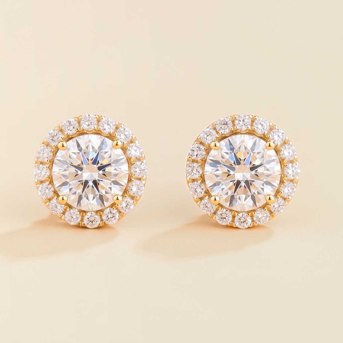 Floret round lab-grown diamond halo stud earrings in gold – front | Juvetti London