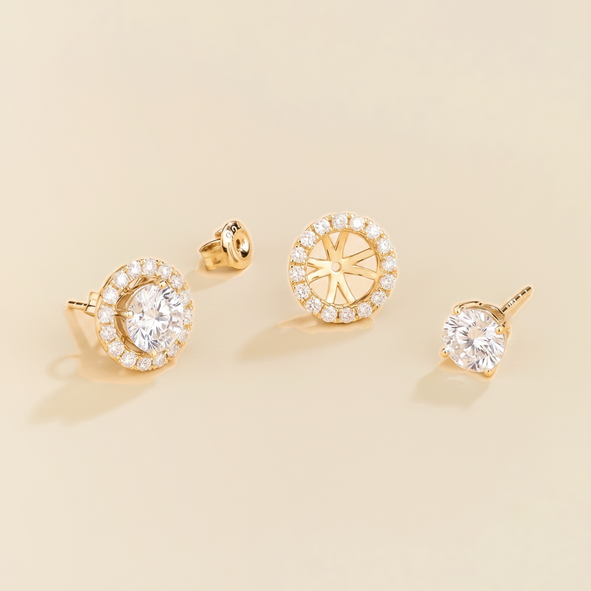 Floret round lab-grown diamond halo stud earrings in gold – view 2 | Juvetti London