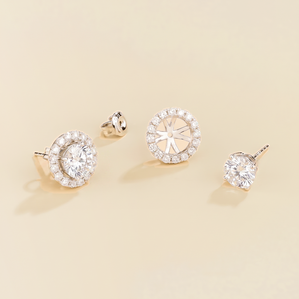 Floret round lab-grown diamond halo stud earrings in white gold – view 2 | Juvetti London