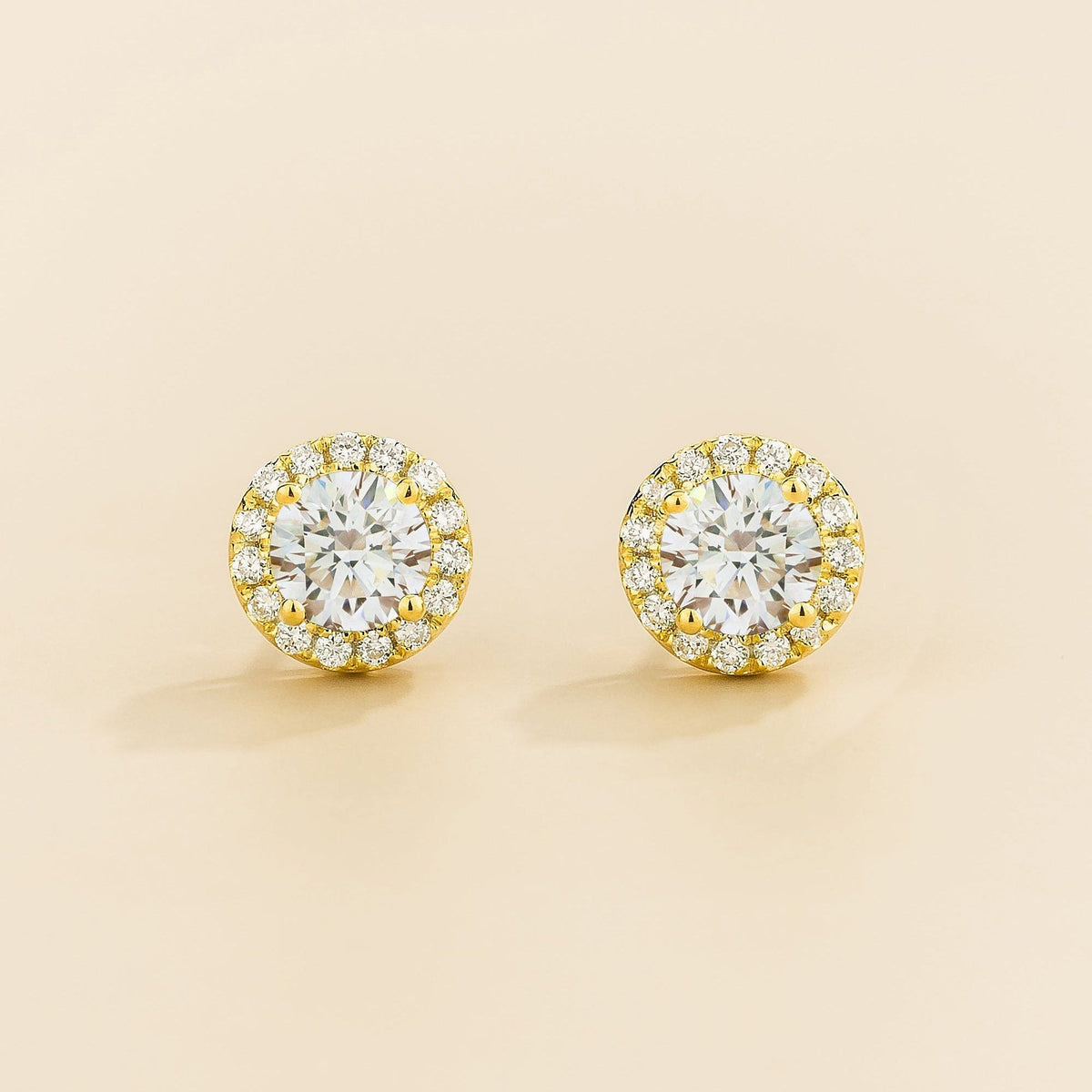 Round lab-grown diamond and diamond halo stud earrings in gold | Juvetti London