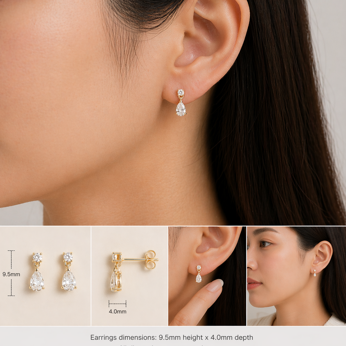 Pisa lab-grown diamond pear drop earrings on a model, with earring dimensions | Juvetti London
