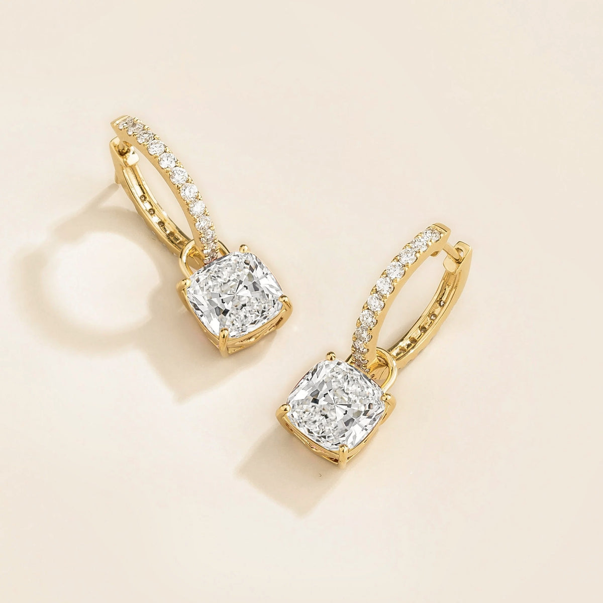 Cushion-Cut Diamond Hoop Drop Earrings in Gold – front view