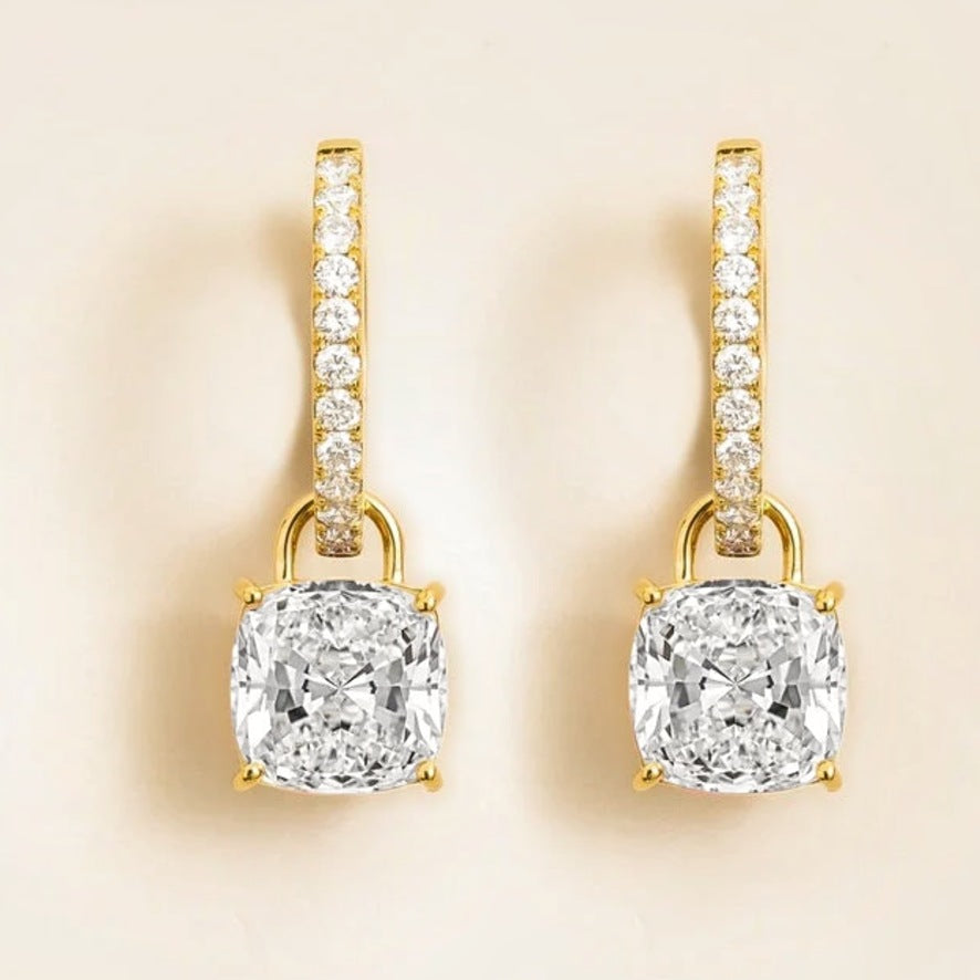 Cushion-Cut Diamond Hoop Drop Earrings in Gold