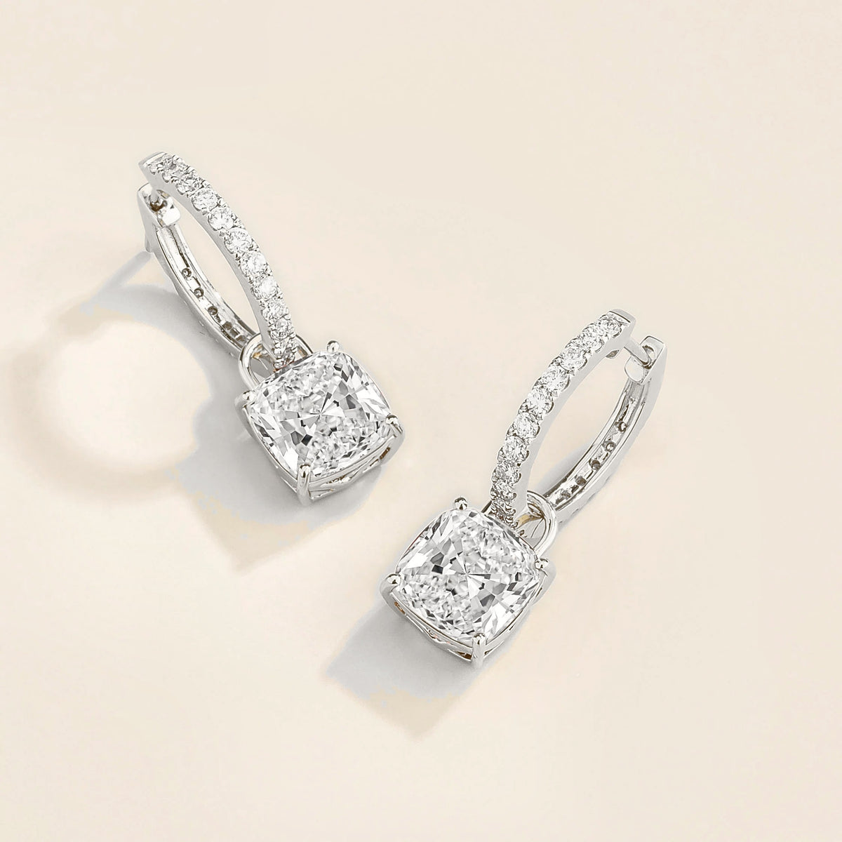 Cushion Cut Diamond Huggie Hoop Drop Earrings in White Gold