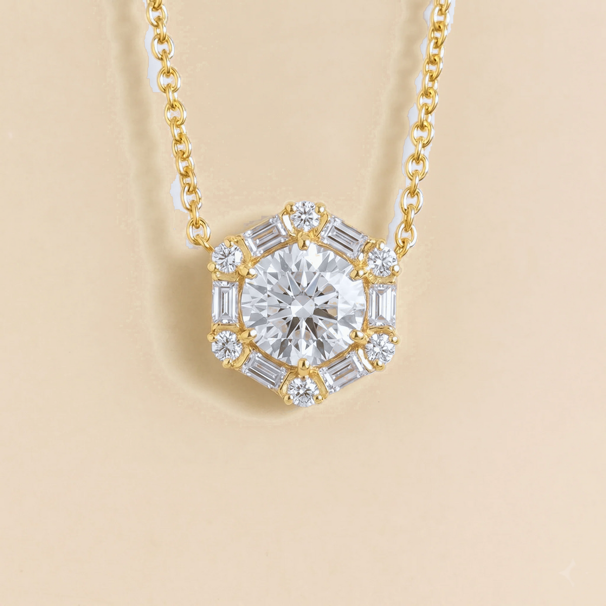 Hexagon halo lab-grown diamond pendant necklace, Melba design in gold | Juvetti London