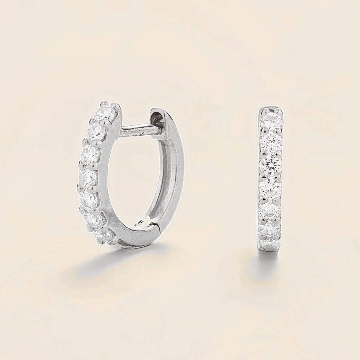 Stacy Mini Diamond Huggie Hoop Earrings in White Gold – angle view