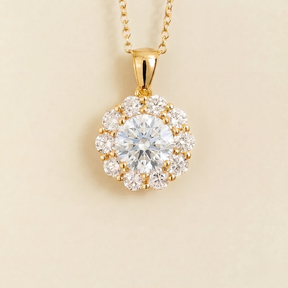 Floret round lab-grown diamond halo pendant necklace in gold – front | Juvetti London