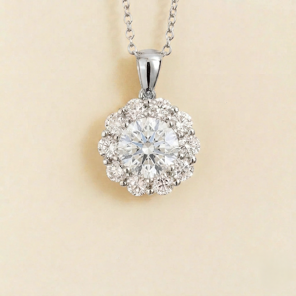 Floret round lab-grown diamond halo pendant necklace in white gold – front | Juvetti London