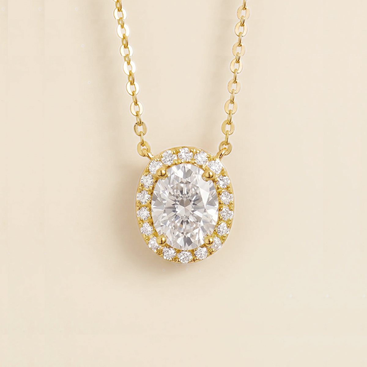 Lab-grown oval diamond halo necklace in gold – front view | Mina by Juvetti