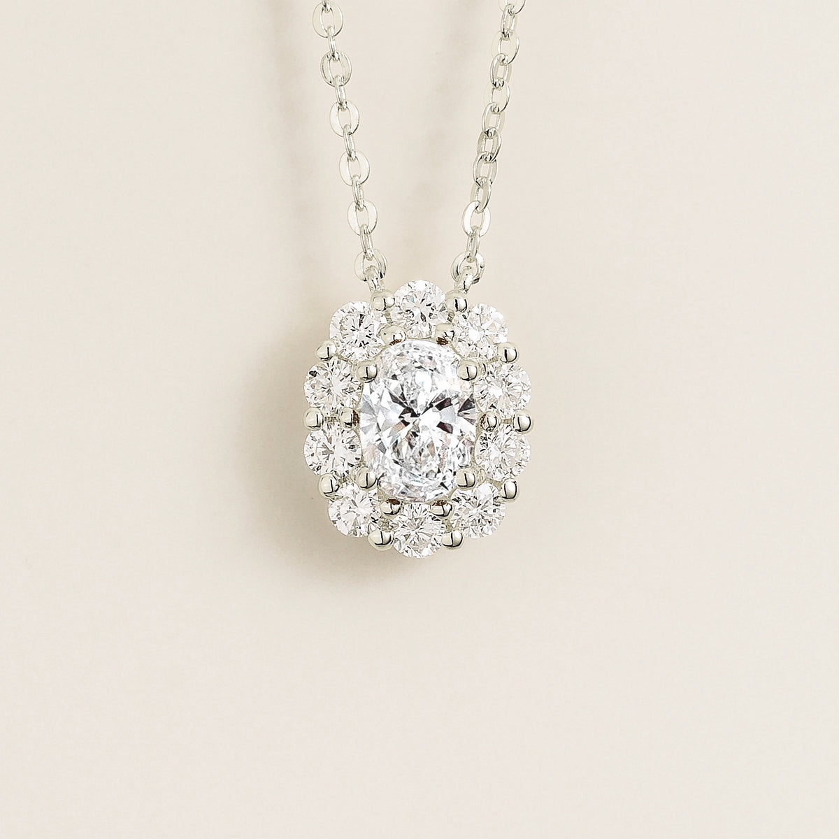 Prill Diamond Oval & Halo Pendant Necklace in White Gold | Juvetti