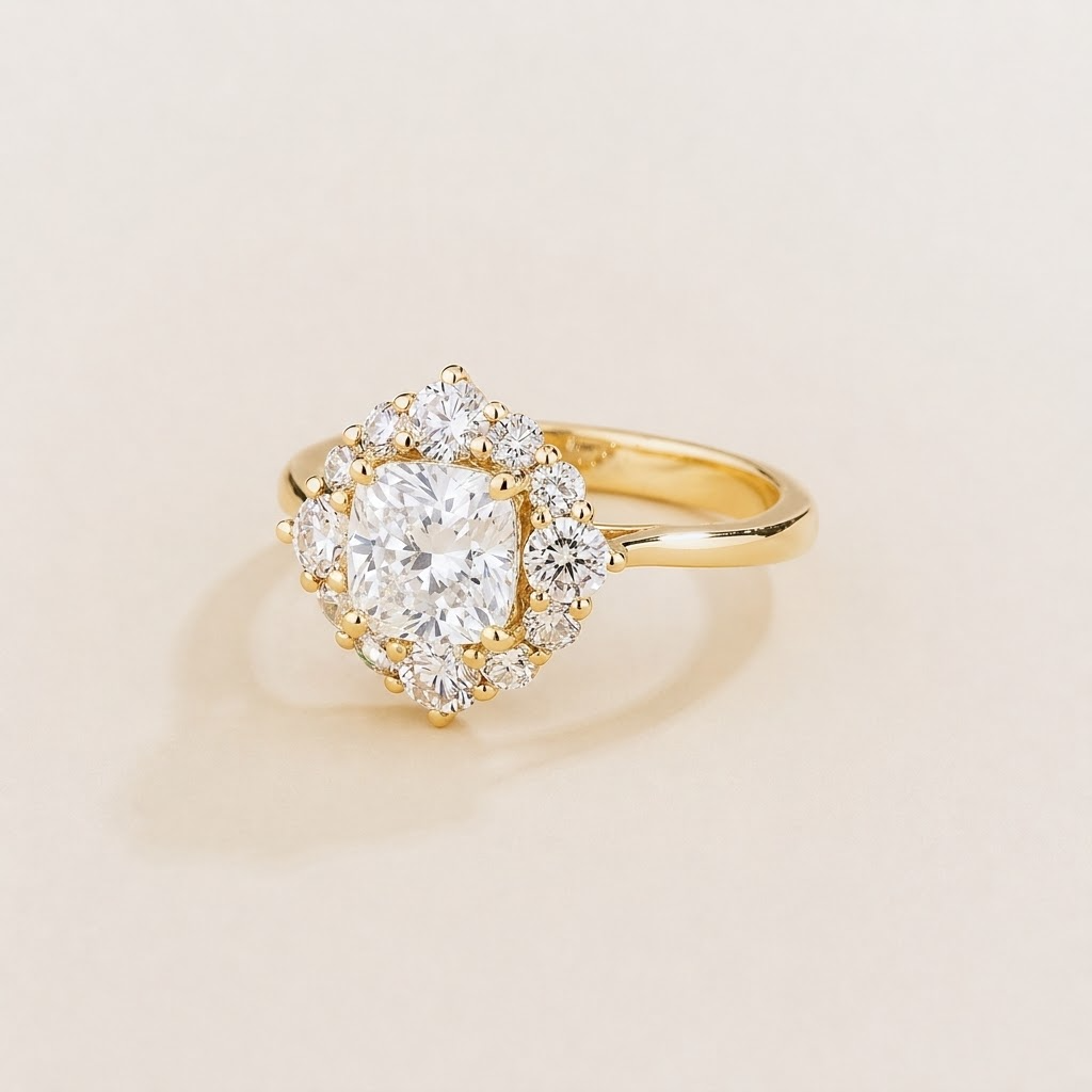 Tuli cushion-cut diamond halo ring in gold, angle view
