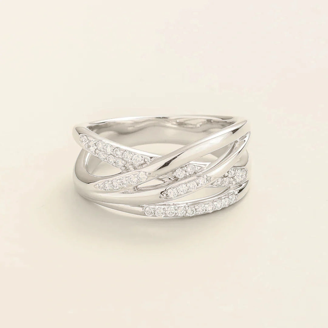 Val multi-row crossover band ring with lab-grown diamonds in white gold – front view | Juvetti London