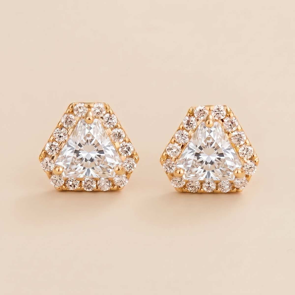 Triangle-cut lab-grown diamond and diamond halo stud earrings, Diana design in gold | Juvetti London