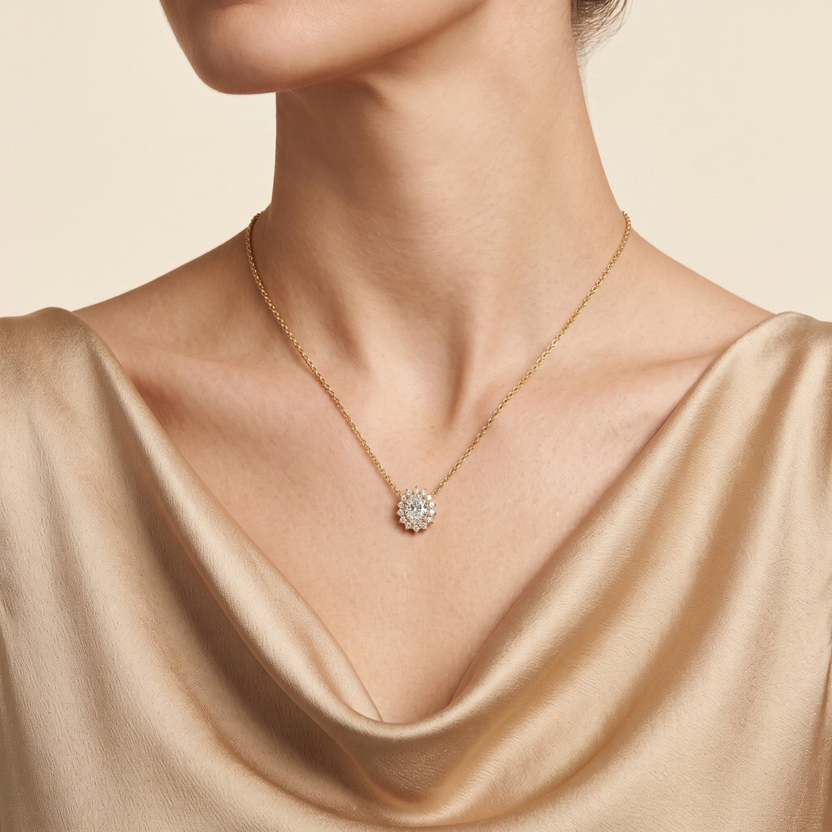 A model is wearing Divo Diamond Halo Gold Necklace by Juvetti London