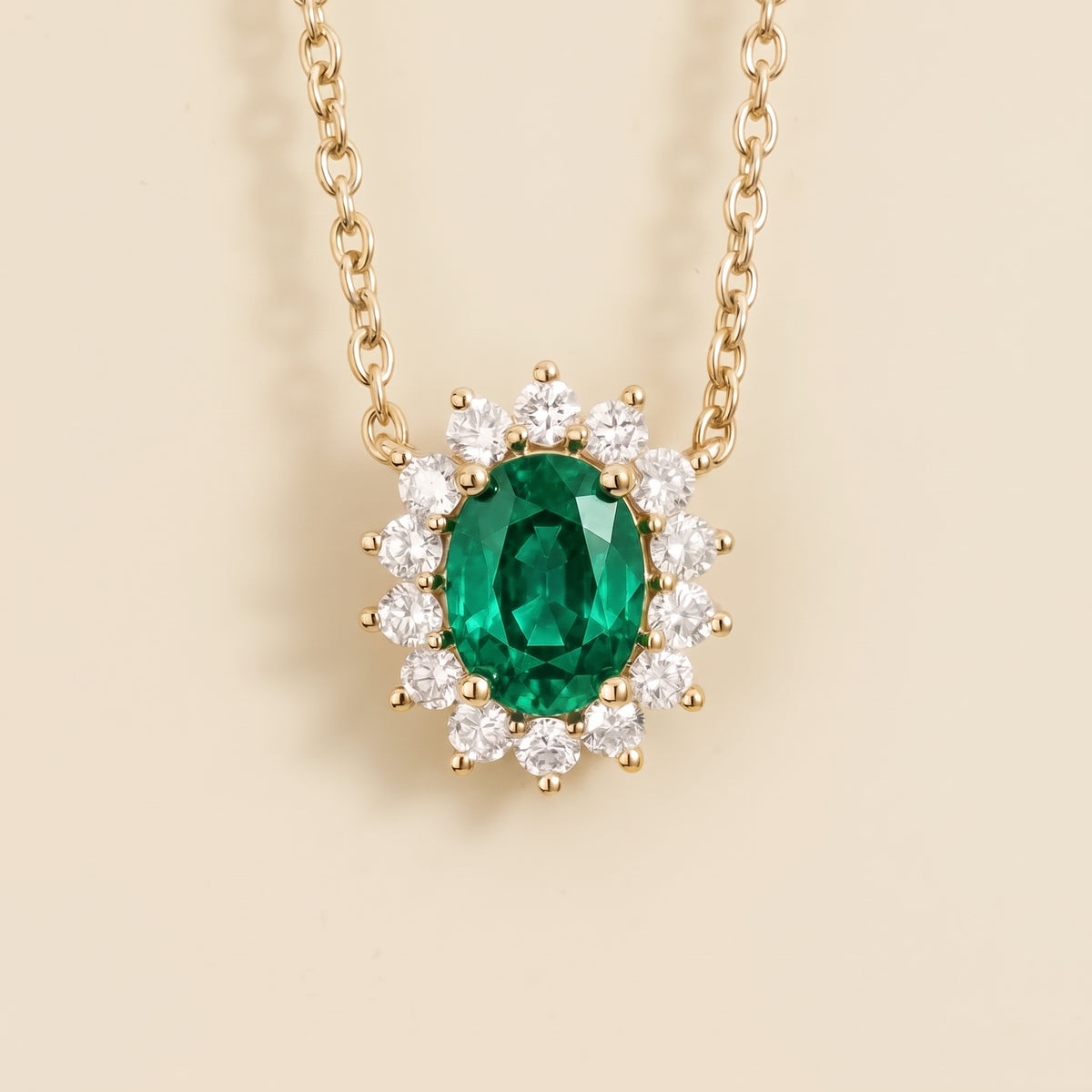 Divo Oval Emerald & Diamond Halo Gold Necklace