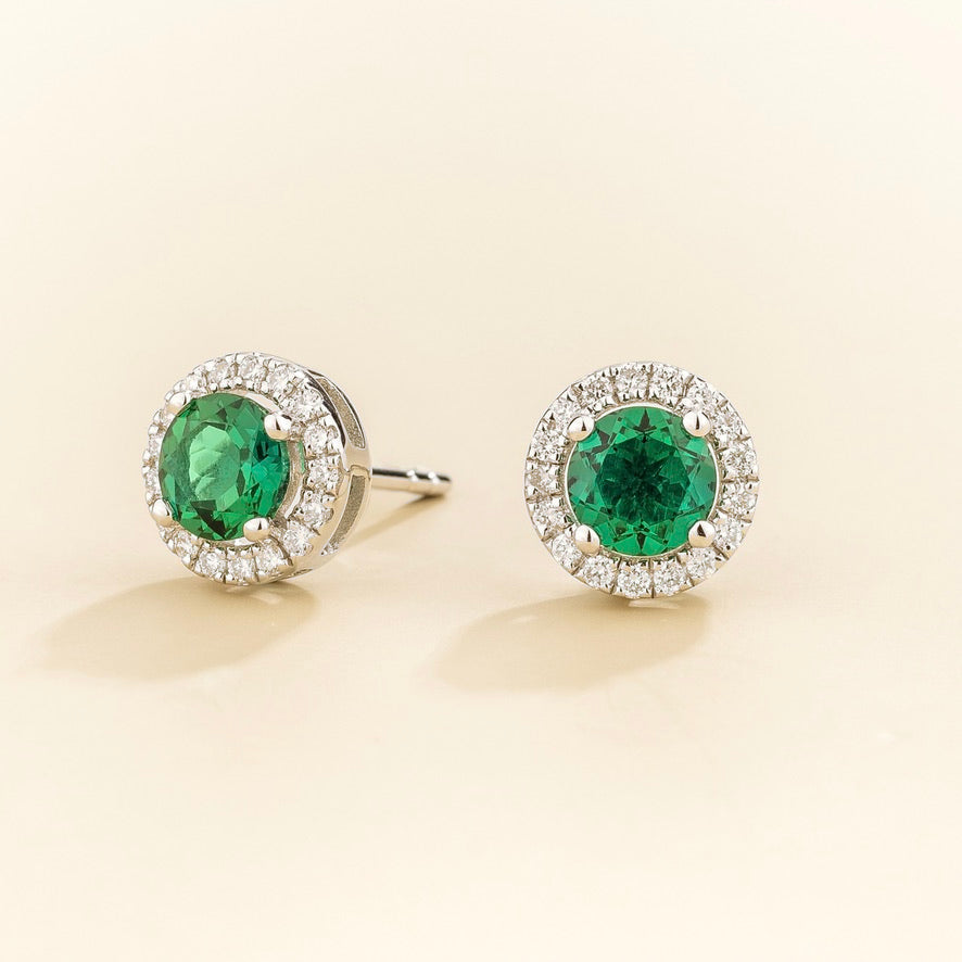 Mars Emerald Round & Diamond Halo Earrings In White Gold