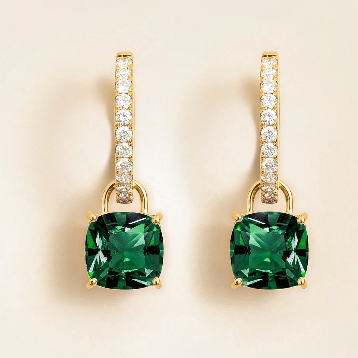 Cushion-Cut Emerald & Diamond Hoop Drop Earrings in Gold