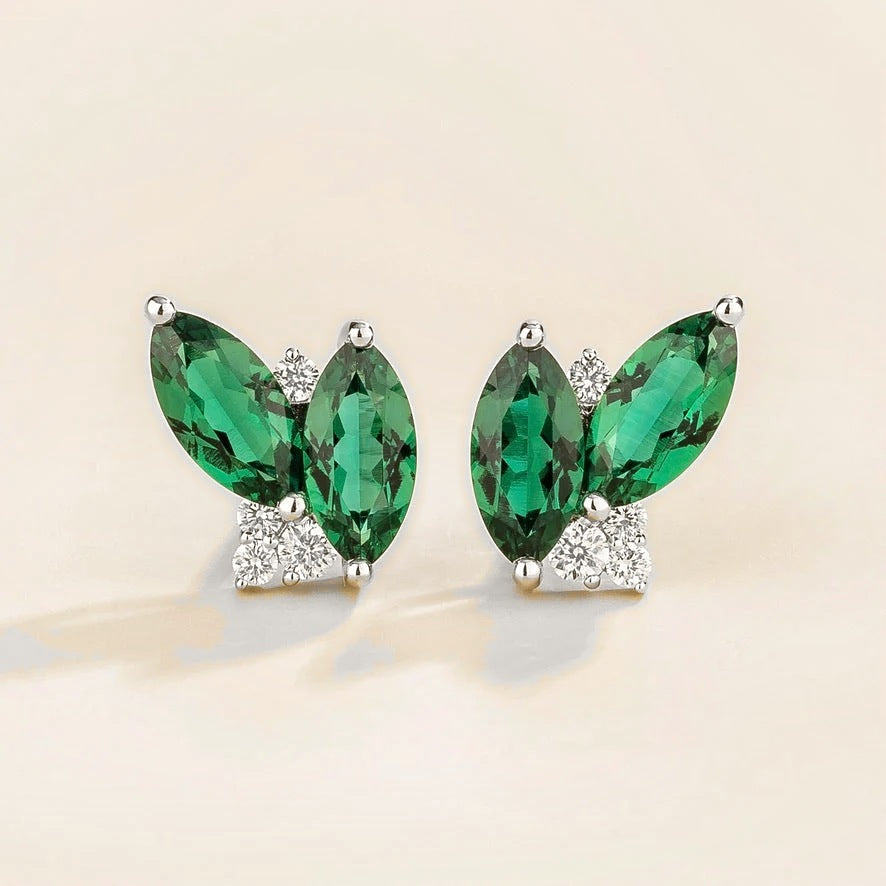Vento marquise emerald & diamond cluster stud earrings in white gold