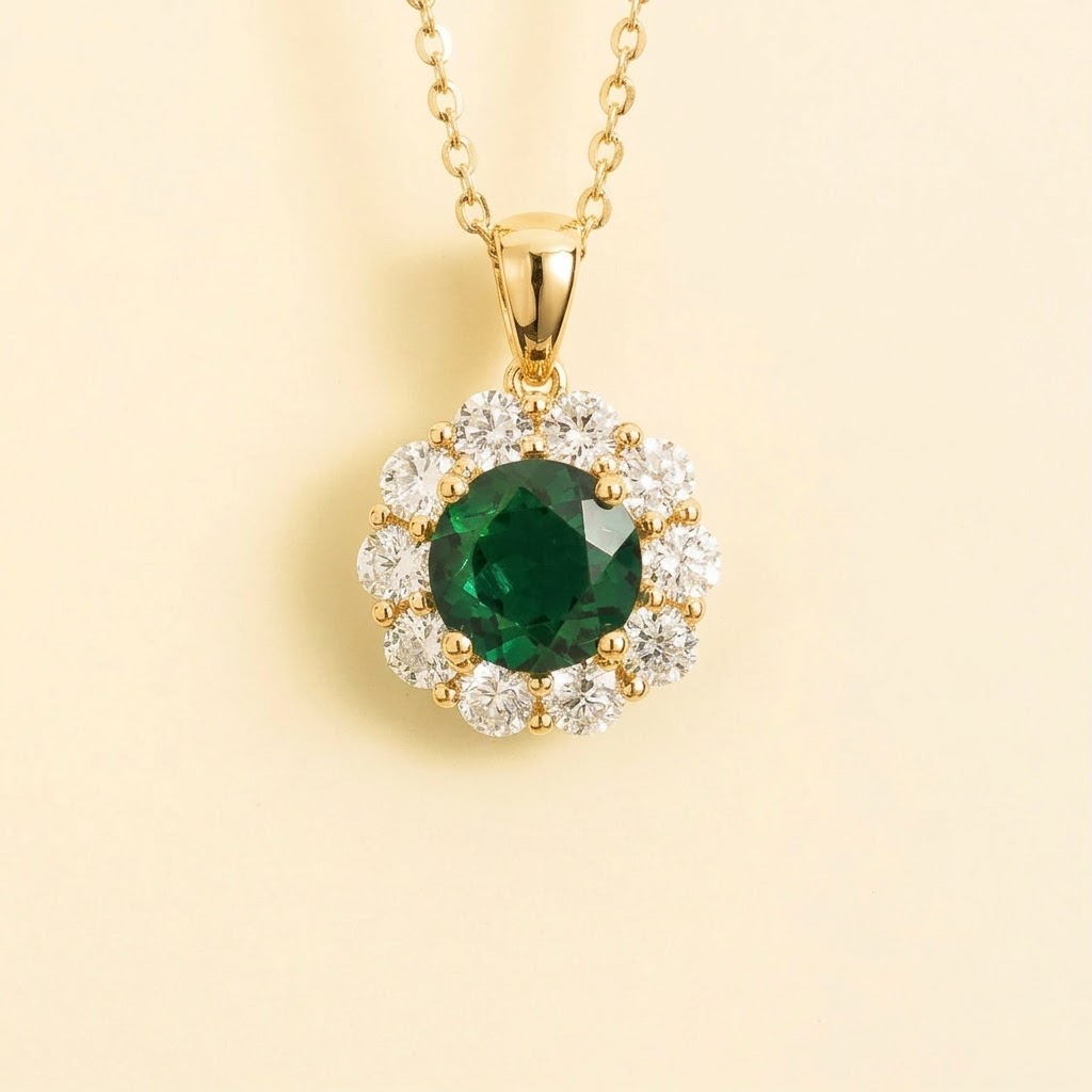 Floret emerald and diamond halo pendant necklace in gold, front view