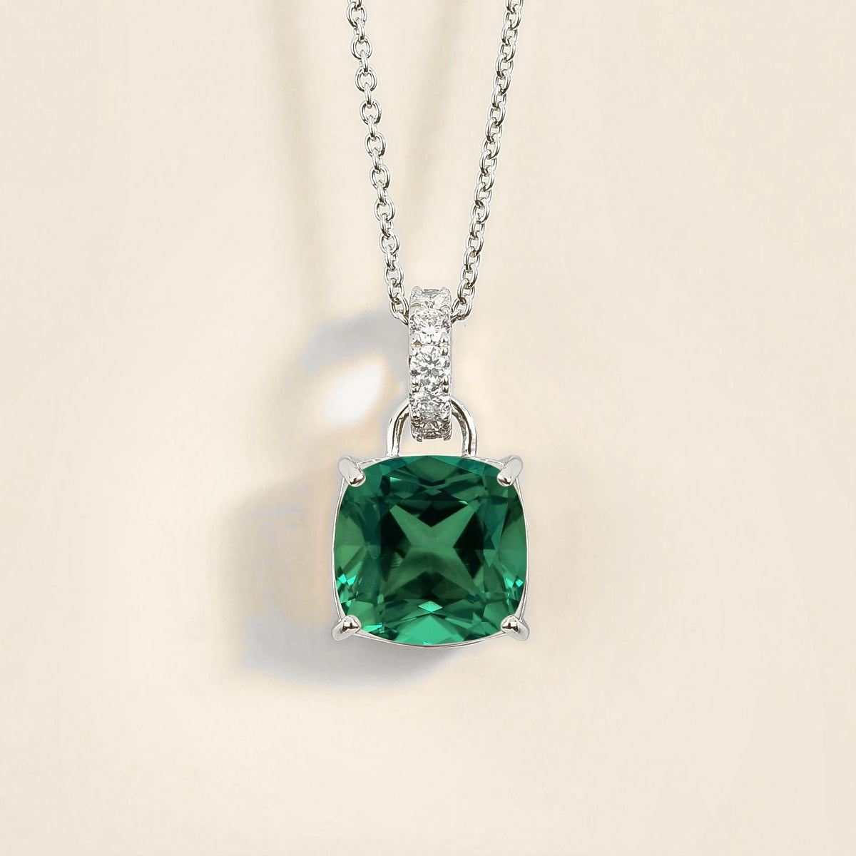 Cushion-Cut Emerald & Diamond Hoop Pendant Necklace in White Gold