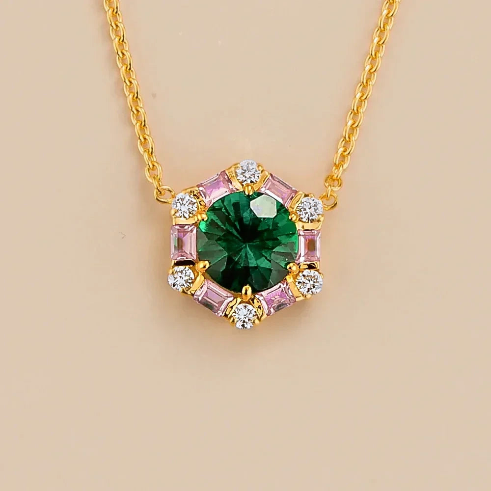 Melba gold pendant necklace with lab-grown emerald, pink sapphire and diamond halo | Juvetti London