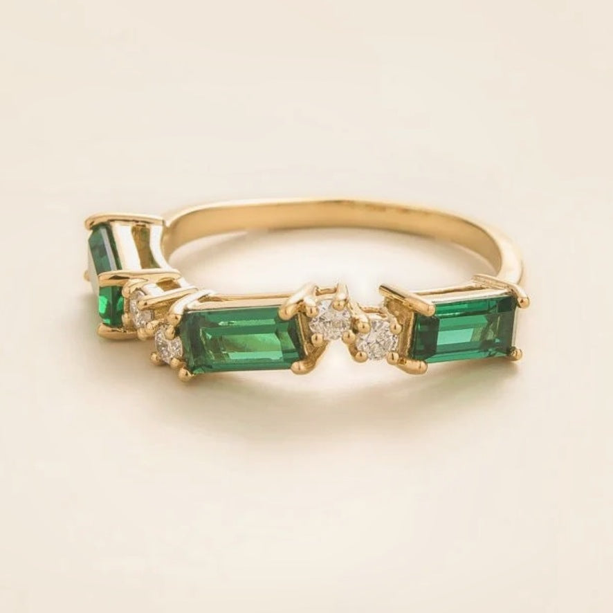Baguette-Cut Emerald & Diamond Three-Stone Ring in Gold