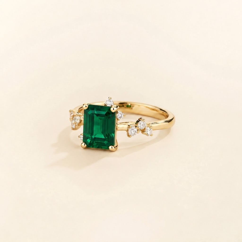 Frost emerald-cut emerald and diamond ring in yellow gold, angled view