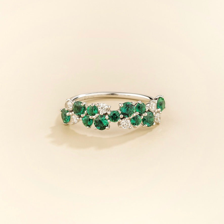 Starry emerald & diamond cluster ring in white gold
