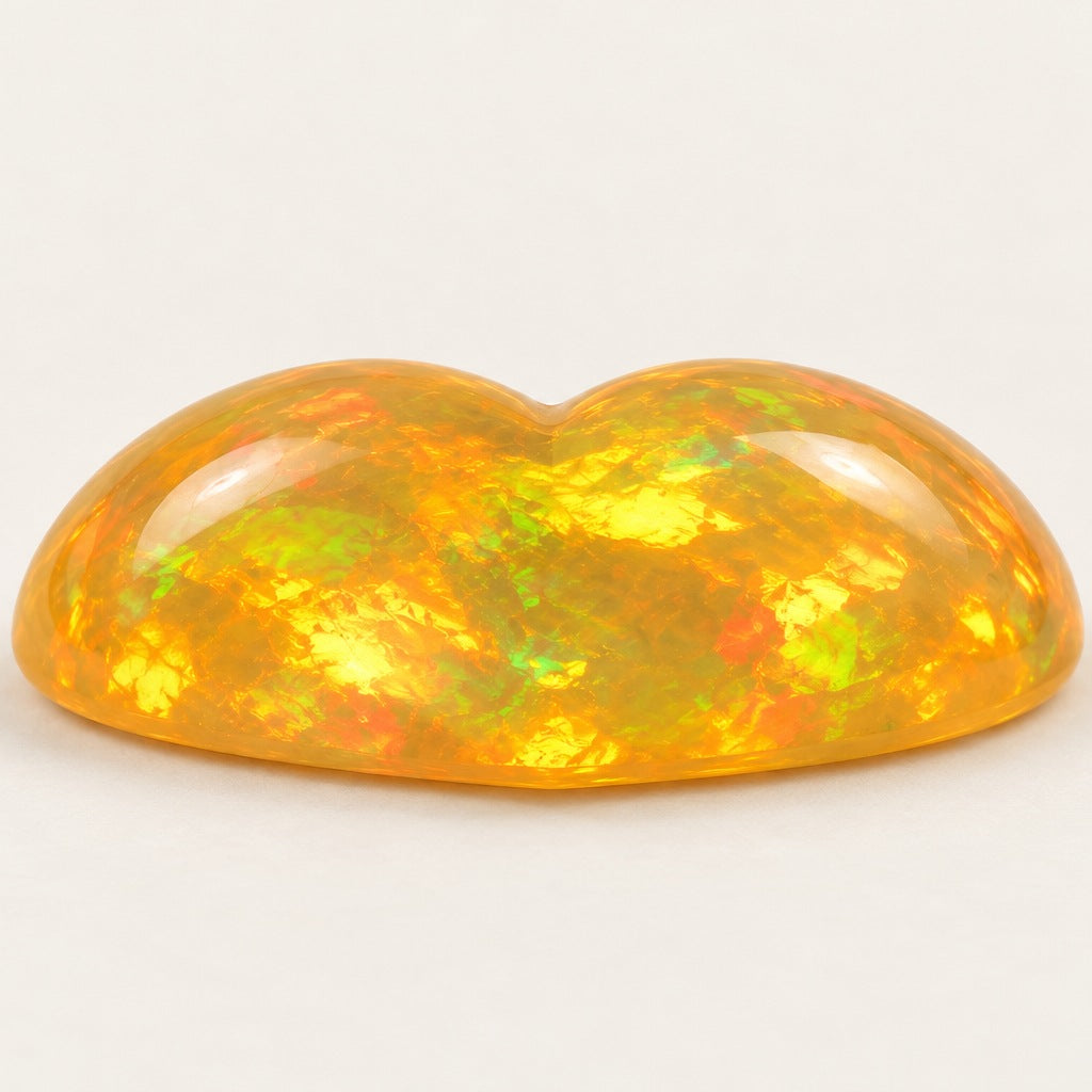 Fire lab-grown opal, heart cabochon, side view