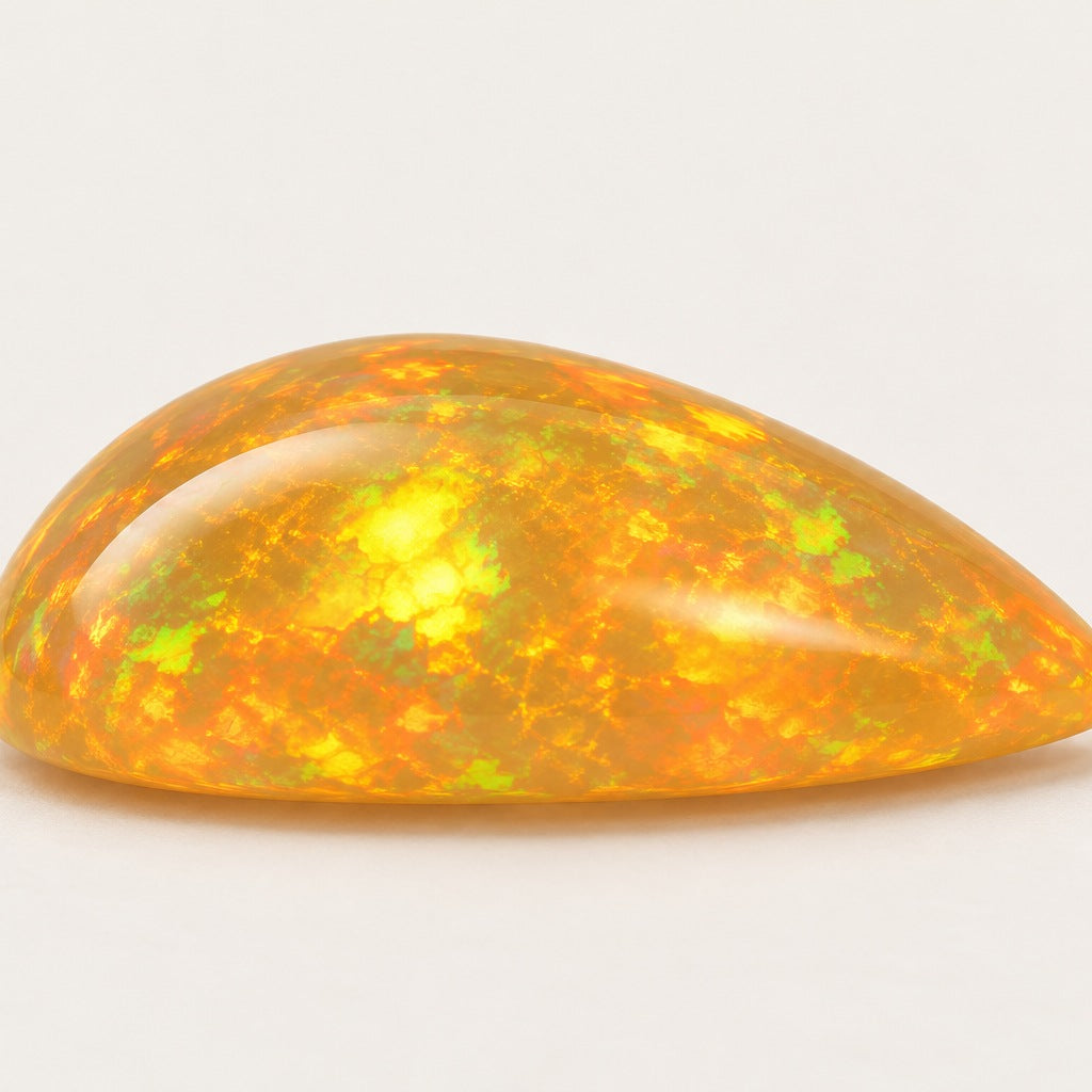 Fire lab-grown opal, pear cabochon, side view