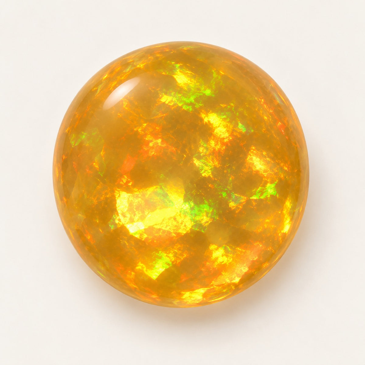 Fire lab-grown opal, round cabochon
