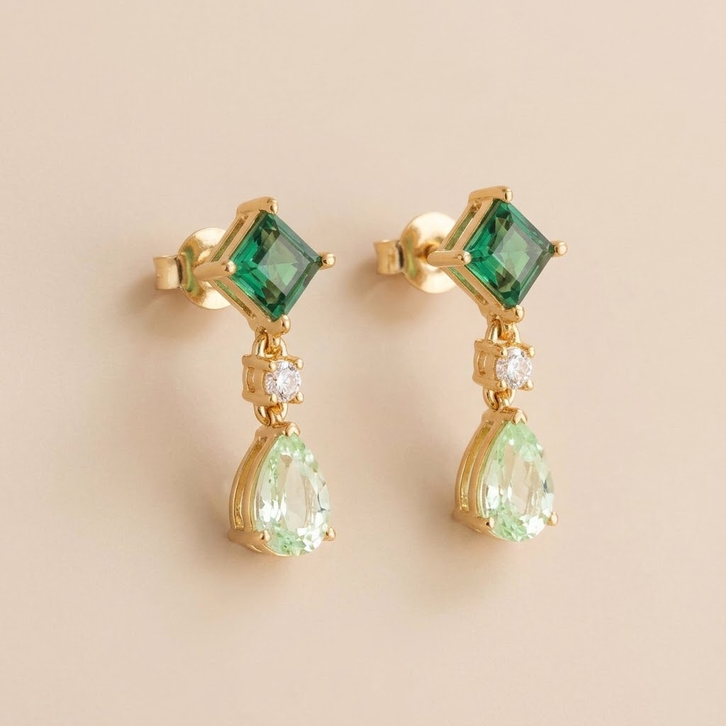 Flamingo Emerald, Green Sapphire & Diamond Drop Earrings in Gold – angle view | Juvetti