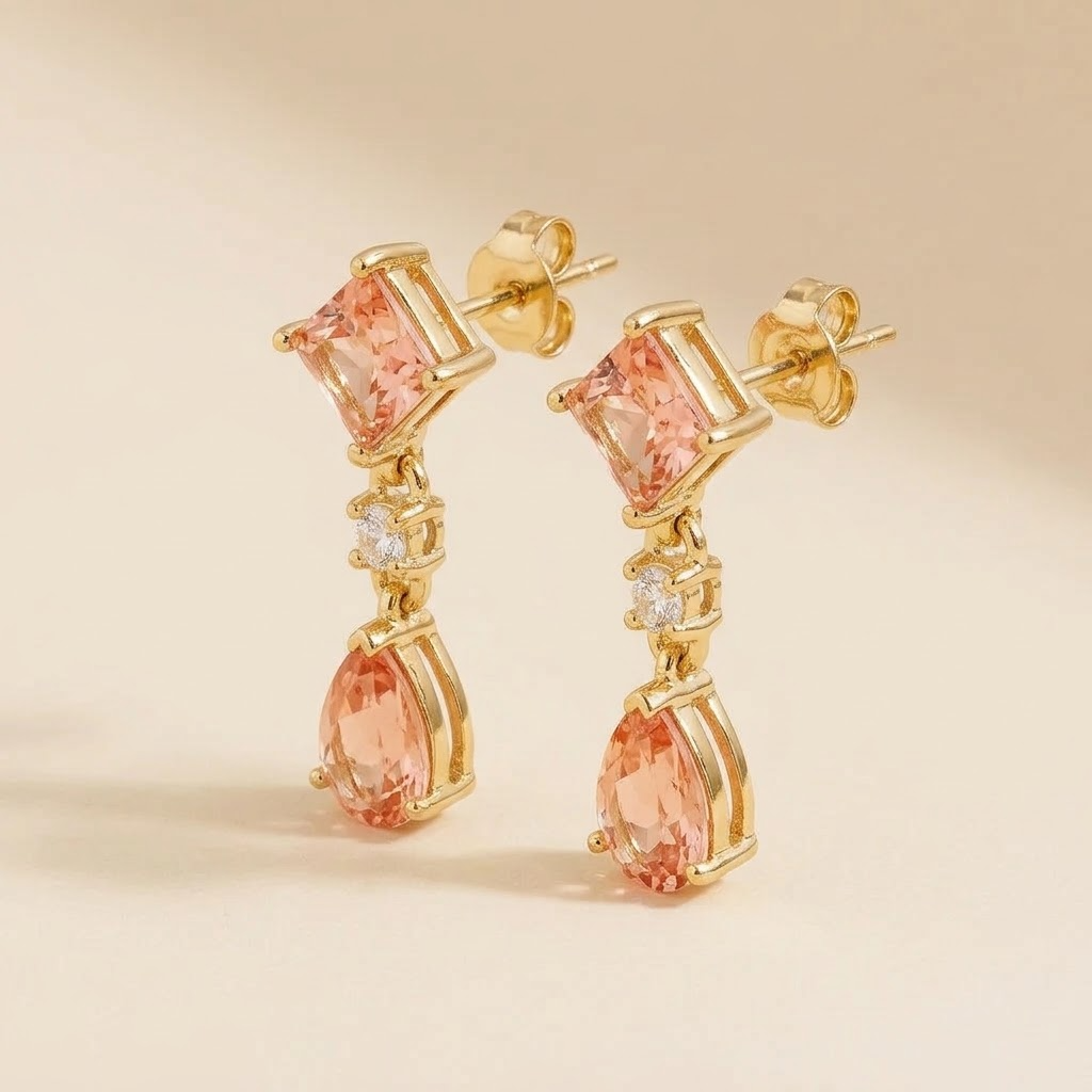 Flamingo Padparadscha Sapphire & Diamond Drop Earrings in Gold – angle view | Juvetti