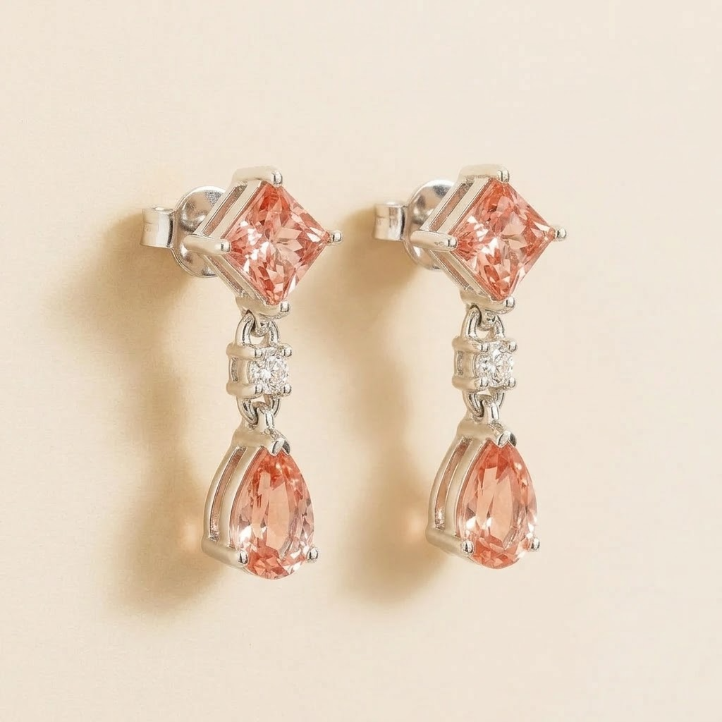 Flamingo Padparadscha Sapphire & Diamond Drop Earrings in White Gold – angle view | Juvetti