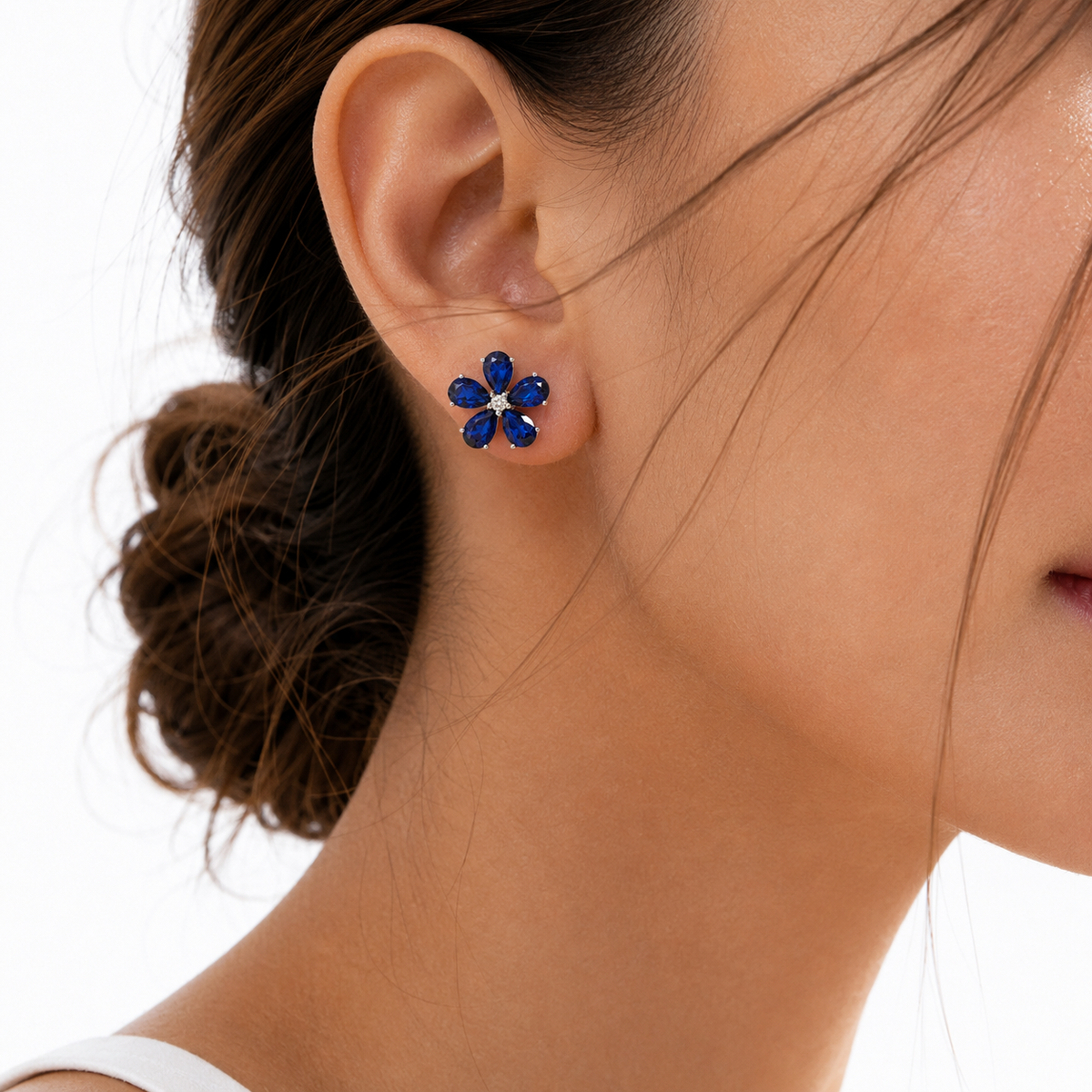 Florea Blue Sapphire & Diamond Flower Stud Earrings in White Gold