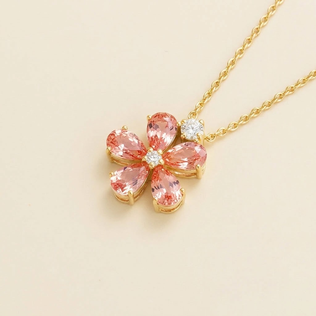 Florea Padparadscha Sapphire & Diamond Flower Pendant Necklace in Gold – angle view | Juvetti