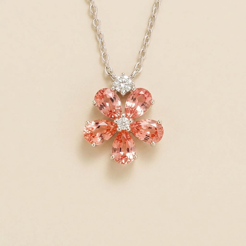 Florea Padparadscha Sapphire & Diamond Flower Pendant Necklace in White Gold – front view | Juvetti