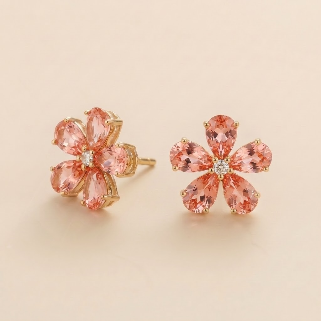 Florea Padparadscha Sapphire & Diamond Flower Stud Earrings in Gold – angle view | Juvetti